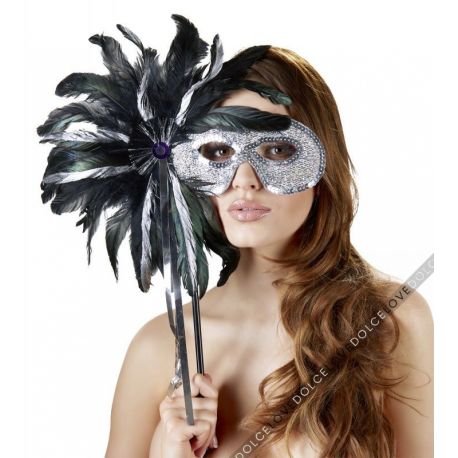 Masks, Máscara Plateada con Vara de Plumas Negra 